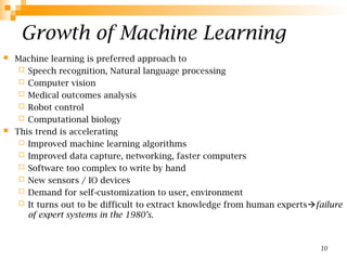 Growth of Machine Learning
 Machine learning is preferred approach to
 Speech recognition, Natural language processing
 Computer vision
 Medical outcomes analysis
 Robot control
 Computational biology
 This trend is accelerating
 Improved machine learning algorithms
 Improved data capture, networking, faster computers
 Software too complex to write by hand
 New sensors / IO devices
 Demand for self-customization to user, environment
 It turns out to be difficult to extract knowledge from human expertsfailure
of expert systems in the 1980’s.
10
 