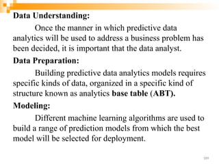 Data Understanding:
Once the manner in which predictive data
analytics will be used to address a business problem has
been decided, it is important that the data analyst.
Data Preparation:
Building predictive data analytics models requires
specific kinds of data, organized in a specific kind of
structure known as analytics base table (ABT).
Modeling:
Different machine learning algorithms are used to
build a range of prediction models from which the best
model will be selected for deployment.
189
 