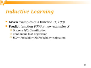 Inductive Learning
 Given examples of a function (X, F(X))
 Predict function F(X) for new examples X
 Discrete F(X): Classification
 Continuous F(X): Regression
 F(X) = Probability(X): Probability estimation
29
 