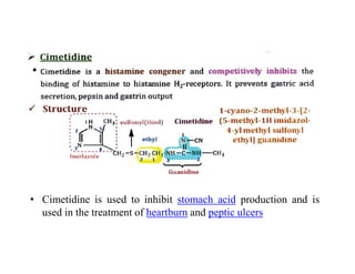 Cimetidine
• Cimetidine is used to inhibit stomach acid production and is
used in the treatment of heartburn and peptic ulcers
 