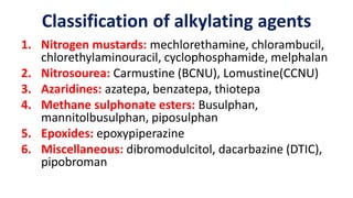 Classification of alkylating agents
1. Nitrogen mustards: mechlorethamine, chlorambucil,
chlorethylaminouracil, cyclophosphamide, melphalan
2. Nitrosourea: Carmustine (BCNU), Lomustine(CCNU)
3. Azaridines: azatepa, benzatepa, thiotepa
4. Methane sulphonate esters: Busulphan,
mannitolbusulphan, piposulphan
5. Epoxides: epoxypiperazine
6. Miscellaneous: dibromodulcitol, dacarbazine (DTIC),
pipobroman
 