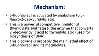 Mechanism:
• 5-fluorouracil is activated by anabolism to 5-
fluoro-2-deoxyuridylic acid.
• This is a powerful competitive inhibitor of
thymidylate synthetase, the enzyme that converts
2’-deoxyuridylic acid to thymidylic acid (used for
biosynthesis of DNA)
• This blockade is probably the main lethal effect of
5-fluorouracil and its metabolites.
 