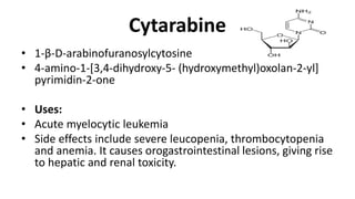 Cytarabine
• 1-β-D-arabinofuranosylcytosine
• 4-amino-1-[3,4-dihydroxy-5- (hydroxymethyl)oxolan-2-yl]
pyrimidin-2-one
• Uses:
• Acute myelocytic leukemia
• Side effects include severe leucopenia, thrombocytopenia
and anemia. It causes orogastrointestinal lesions, giving rise
to hepatic and renal toxicity.
 