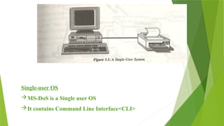 Single-user OS
MS-DoS is a Single user OS
It contains Command Line Interface<CLI>
 