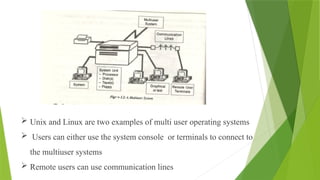  Unix and Linux are two examples of multi user operating systems
 Users can either use the system console or terminals to connect to
the multiuser systems
 Remote users can use communication lines
 