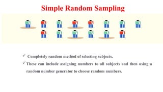 Simple Random Sampling
 Completely random method of selecting subjects.
These can include assigning numbers to all subjects and then using a
random number generator to choose random numbers.
 