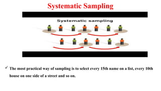 Systematic Sampling
 The most practical way of sampling is to select every 15th name on a list, every 10th
house on one side of a street and so on.
 