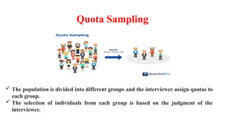 Quota Sampling
 The population is divided into different groups and the interviewer assign quotas to
each group.
 The selection of individuals from each group is based on the judgment of the
interviewer.
 