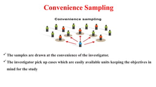 Convenience Sampling
The samples are drawn at the convenience of the investigator.
The investigator pick up cases which are easily available units keeping the objectives in
mind for the study
 