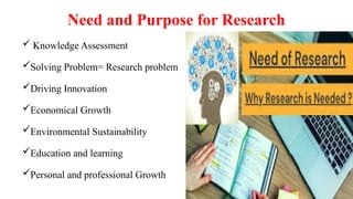 Need and Purpose for Research
 Knowledge Assessment
Solving Problem= Research problem
Driving Innovation
Economical Growth
Environmental Sustainability
Education and learning
Personal and professional Growth
 