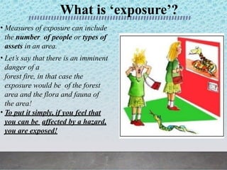 What is ‘exposure’?
• Measures of exposure can include
the number of people or types of
assets in an area.
• Let’s say that there is an imminent
danger of a
forest fire, in that case the
exposure would be of the forest
area and the flora and fauna of
the area!
• To put it simply, if you feel that
you can be affected by a hazard,
you are exposed!
 