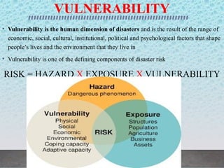 VULNERABILITY
• Vulnerability is the human dimension of disasters and is the result of the range of
economic, social, cultural, institutional, political and psychological factors that shape
people’s lives and the environment that they live in
• Vulnerability is one of the defining components of disaster risk
RISK = HAZARD X EXPOSURE X VULNERABILITY
 