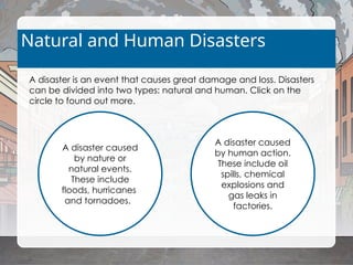 Natural and Human Disasters
A disaster is an event that causes great damage and loss. Disasters
can be divided into two types: natural and human. Click on the
circle to found out more.
Human
disaster
Natural
Disaster
A disaster caused
by nature or
natural events.
These include
floods, hurricanes
and tornadoes..
A disaster caused
by human action.
These include oil
spills, chemical
explosions and
gas leaks in
factories.
 
