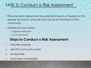 TASK 5: Conduct a Risk Assessment
• Planning team determines the potential impacts of hazards to the
people, economy, and built and natural environments of the
community.
• Needed for your report:
• Regional assessment
• Local assessment
Steps to Conduct a Risk Assessment
1. Describe Hazards
2. Identify Community Assets
3. Analyze Risk
4. Summarize Vulnerability
 