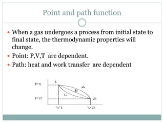 Point and path function
 When a gas undergoes a process from initial state to
final state, the thermodynamic properties will
change.
 Point: P,V,T are dependent.
 Path: heat and work transfer are dependent
 