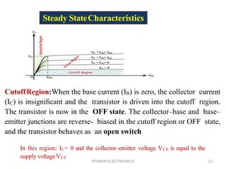 POWER ELECTRONICS 23
Steady StateCharacteristics
CutoffRegion:When the base current (IB) is zero, the collector current
(IC) is insigniﬁcant and the transistor is driven into the cutoff region.
The transistor is now in the OFF state. The collector–base and base–
emitter junctions are reverse- biased in the cutoff region or OFF state,
and the transistor behaves as an open switch
In this region: IC= 0 and the collector–emitter voltage VCE is equal to the
supply voltageVCC
 