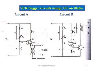 POWER ELECTRONICS 85
SCR trigger circuits using UJT oscillator
Circuit A Circuit B
 