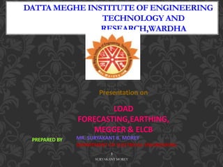 DATTA MEGHE INSTITUTE OF ENGINEERING
TECHNOLOGY AND
RESEARCH,WARDHA
1
SURYAKANT MOREY
MR. SURYAKANT B. MOREY
DEPARTMENT OF ELECTRICAL ENGINEERING
PREPARED BY
Presentation on
LOAD
FORECASTING,EARTHING,
MEGGER & ELCB
 
