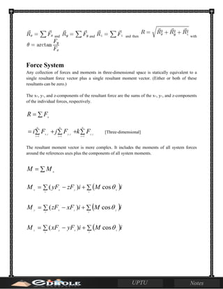 and and and then with
Force System
Any collection of forces and moments in three-dimensional space is statically equivalent to a
single resultant force vector plus a single resultant moment vector. (Either or both of these
resultants can be zero.)
The x-, y-, and z-components of the resultant force are the sums of the x-, y-, and z-components
of the individual forces, respectively.
∑= n
FR
∑∑ +∑ +=
===
n
i
iz
n
i
iy
n
i
ix
FkFjFi
1
,
1
,
1
,
[Three-dimensional]
The resultant moment vector is more complex. It includes the moments of all system forces
around the references axes plus the components of all system moments.
∑= n
MM
( )∑ ∑+−=
i i
xyxx
iMizFyFM θcos)(
( )∑ ∑+−=
i i
yzxy
iMixFzFM θcos)(
( )∑ ∑+−=
i i
zxyz
iMiyFxFM θcos)(
 
