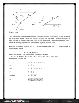FIGURE 1.8
This is an analytical method of finding the resultant of multiple forces. In this method, first find
the components of each force in two mutually perpendicular directions. Then the components in
each direction are algebraically added to get the two components. These two component forces,
which are mutually perpendicular, are combined to get the resultant force.
Consider, for instance, forces F1, F2, F3, … acting on a particle O (Fig. 1.8). Their resultant R is
defined by the relation
Resolving each force into its rectangular components, we write
From which, it follows that
 