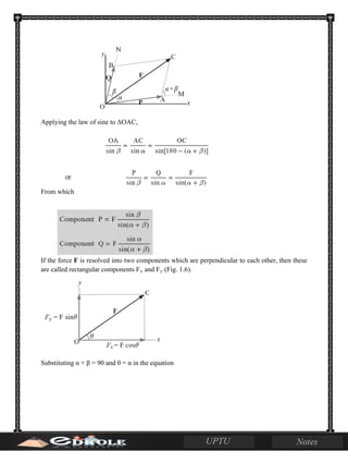 Applying the law of sine to ΔOAC,
From which
If the force F is resolved into two components which are perpendicular to each other, then these
are called rectangular components Fx and Fy (Fig. 1.6).
Substituting α + β = 90 and θ = α in the equation
 