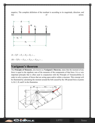 negative. The complete definition of the resultant is according to its magnitude, direction, and
line of action.
Varignon’s theorem
The Principle of Moments, also known as Varignon's Theorem, states that the moment of any
force is equal to the algebraic sum of the moments of the components of that force. It is a very
important principle that is often used in conjunction with the Principle of Transmissibility in
order to solve systems of forces that are acting upon and/or within a structure. This concept will
be illustrated by calculating the moment around the bolt caused by the 100 pound force at points
A, B, C, D, and E in the illustration.
 