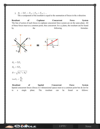 3.
The z-component of the resultant is equal to the summation of forces in the z-direction.
Resultant of Coplanar Concurrent Force System
The line of action of each forces in coplanar concurrent force system are on the same plane. All
of these forces meet at a common point, thus concurrent. In x-y plane, the resultant can be found
by the following formulas:
Resultant of Spatial Concurrent Force System
Spatial concurrent forces (forces in 3-dimensional space) meet at a common point but do not lie
in a single plane. The resultant can be found as follows:
 