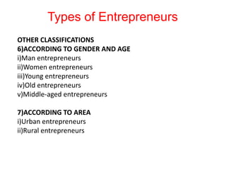 OTHER CLASSIFICATIONS
6)ACCORDING TO GENDER AND AGE
i)Man entrepreneurs
ii)Women entrepreneurs
iii)Young entrepreneurs
iv)Old entrepreneurs
v)Middle-aged entrepreneurs
7)ACCORDING TO AREA
i)Urban entrepreneurs
ii)Rural entrepreneurs
Types of Entrepreneurs
 