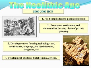 8000-3000 BCE
1. Food surplus lead to population boom
2. Permanent settlements and
communities develop. Idea of private
property
3. Development on farming technology, art,
architecture, language, job specialization,
irrigation, etc.
4. Development of cities: Catal Huyuk, Jericho.
 