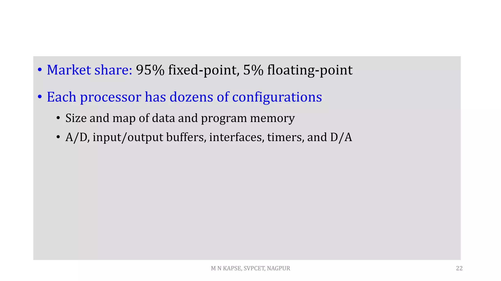 22
• Market share: 95% fixed-point, 5% floating-point
• Each processor has dozens of configurations
• Size and map of data and program memory
• A/D, input/output buffers, interfaces, timers, and D/A
M N KAPSE, SVPCET, NAGPUR
 