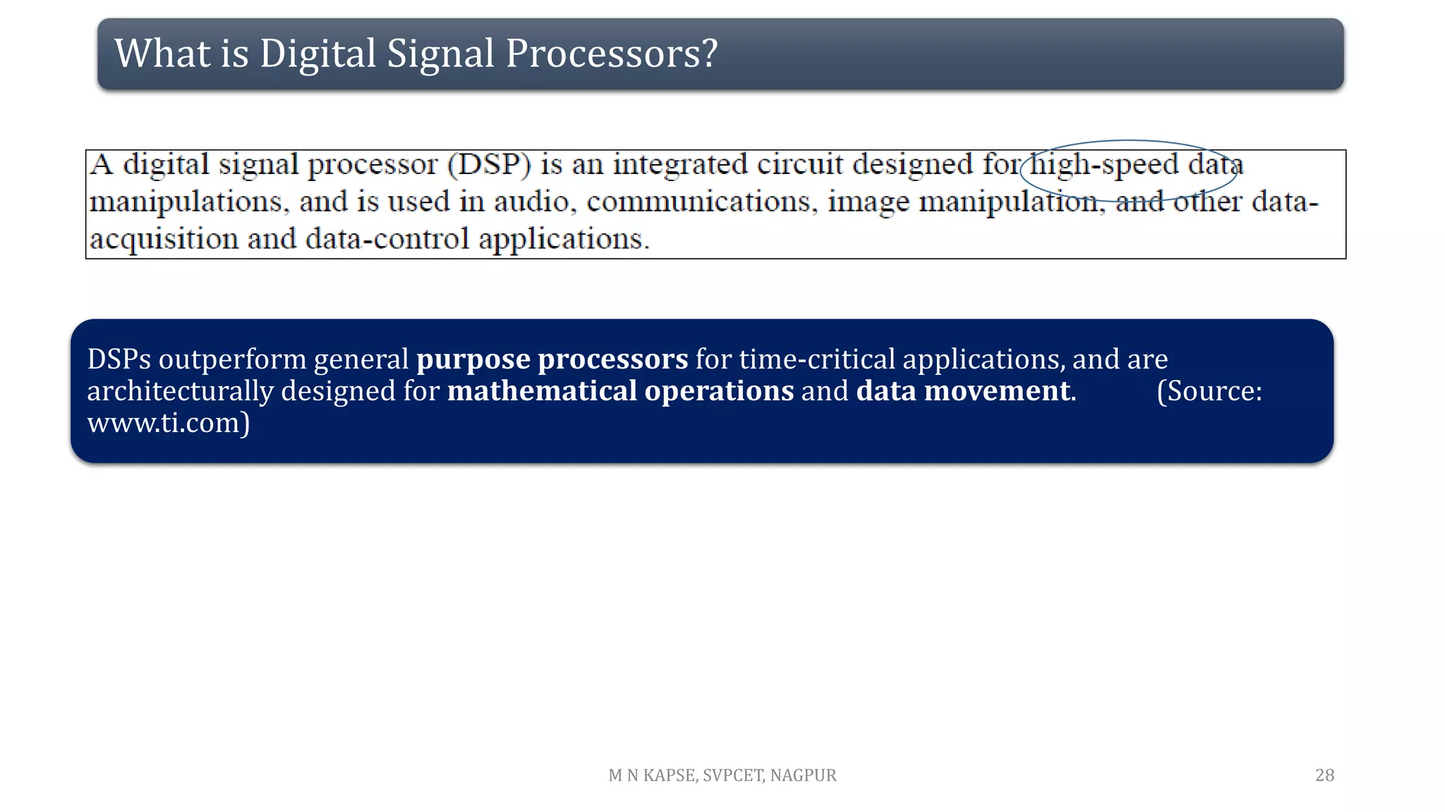 What is Digital Signal Processors?
DSPs outperform general purpose processors for time-critical applications, and are
architecturally designed for mathematical operations and data movement. (Source:
www.ti.com)
28
M N KAPSE, SVPCET, NAGPUR
 