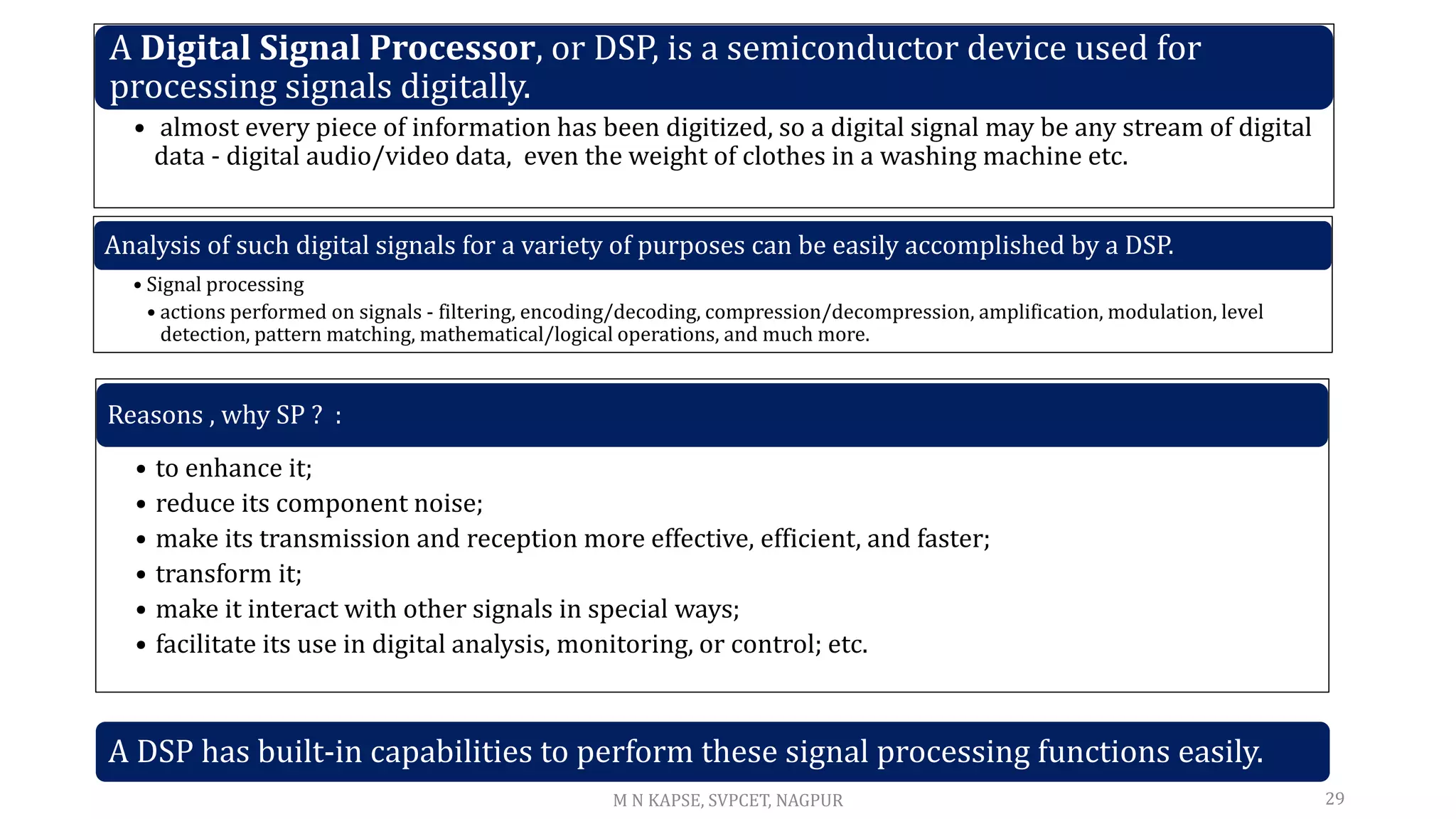 A DSP has built-in capabilities to perform these signal processing functions easily.
29
A Digital Signal Processor, or DSP, is a semiconductor device used for
processing signals digitally.
• almost every piece of information has been digitized, so a digital signal may be any stream of digital
data - digital audio/video data, even the weight of clothes in a washing machine etc.
Analysis of such digital signals for a variety of purposes can be easily accomplished by a DSP.
• Signal processing
• actions performed on signals - filtering, encoding/decoding, compression/decompression, amplification, modulation, level
detection, pattern matching, mathematical/logical operations, and much more.
Reasons , why SP ? :
• to enhance it;
• reduce its component noise;
• make its transmission and reception more effective, efficient, and faster;
• transform it;
• make it interact with other signals in special ways;
• facilitate its use in digital analysis, monitoring, or control; etc.
M N KAPSE, SVPCET, NAGPUR
 