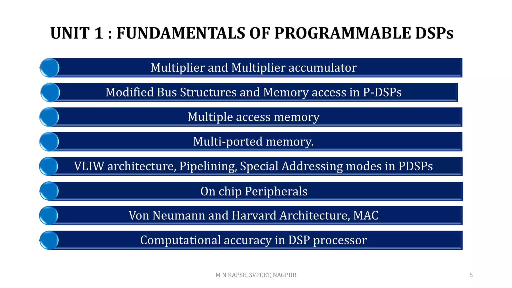 UNIT 1 : FUNDAMENTALS OF PROGRAMMABLE DSPs
Multiplier and Multiplier accumulator
Modified Bus Structures and Memory access in P-DSPs
Multiple access memory
Multi-ported memory.
VLIW architecture, Pipelining, Special Addressing modes in PDSPs
On chip Peripherals
Von Neumann and Harvard Architecture, MAC
Computational accuracy in DSP processor
M N KAPSE, SVPCET, NAGPUR 5
 