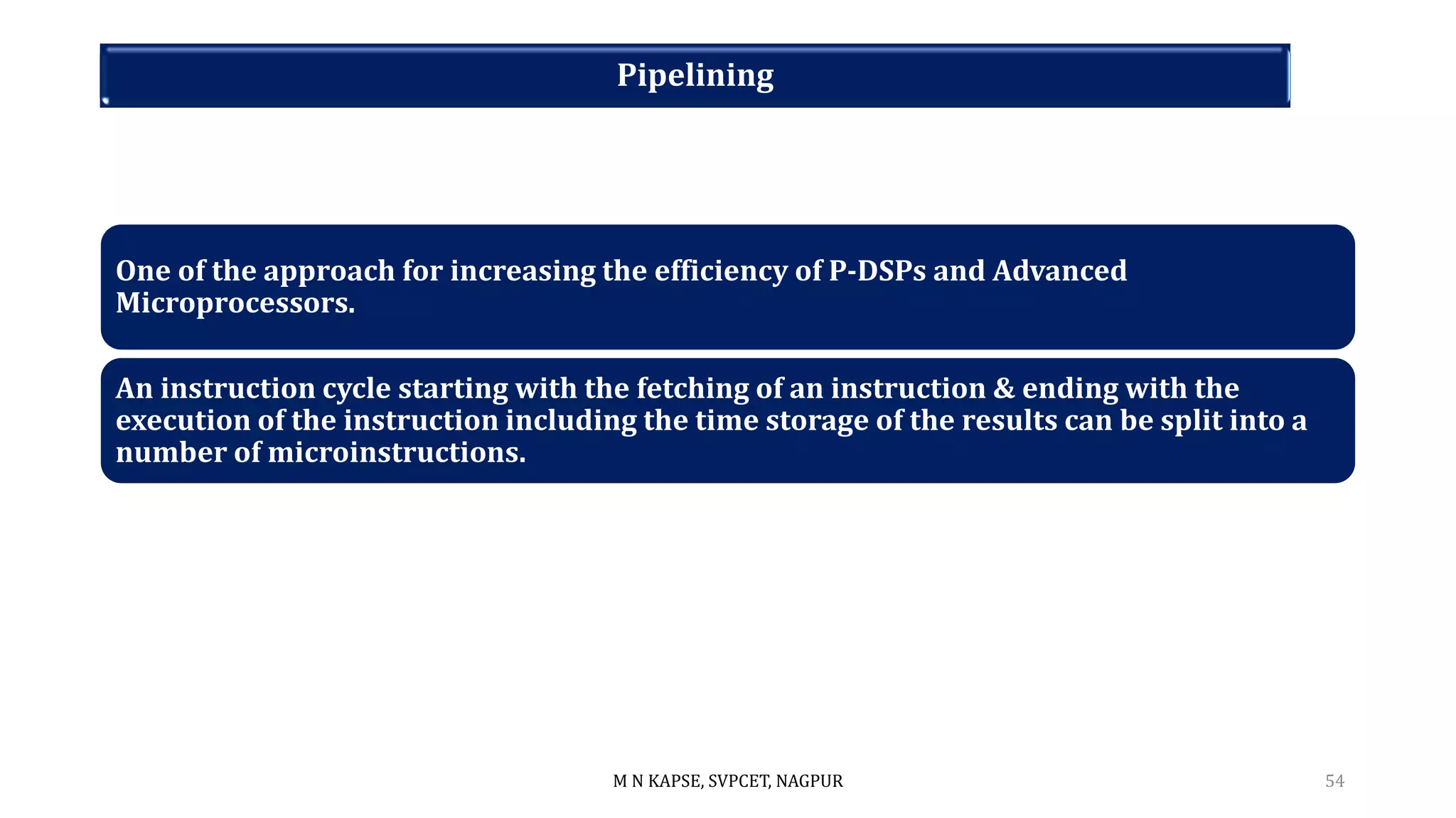 Pipelining
One of the approach for increasing the efficiency of P-DSPs and Advanced
Microprocessors.
An instruction cycle starting with the fetching of an instruction & ending with the
execution of the instruction including the time storage of the results can be split into a
number of microinstructions.
M N KAPSE, SVPCET, NAGPUR 54
 