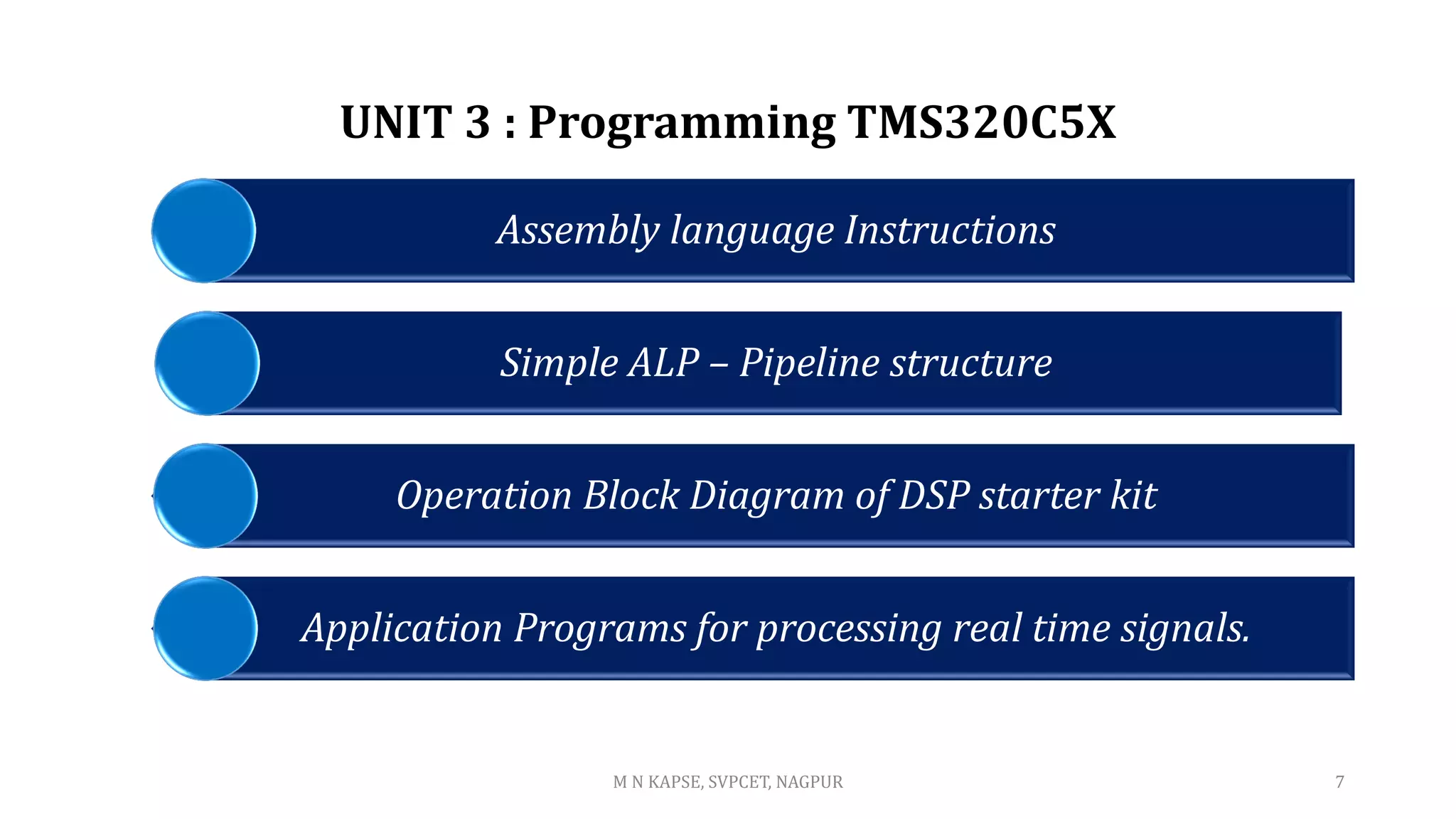 UNIT 3 : Programming TMS320C5X
Assembly language Instructions
Simple ALP – Pipeline structure
Operation Block Diagram of DSP starter kit
Application Programs for processing real time signals.
M N KAPSE, SVPCET, NAGPUR 7
 