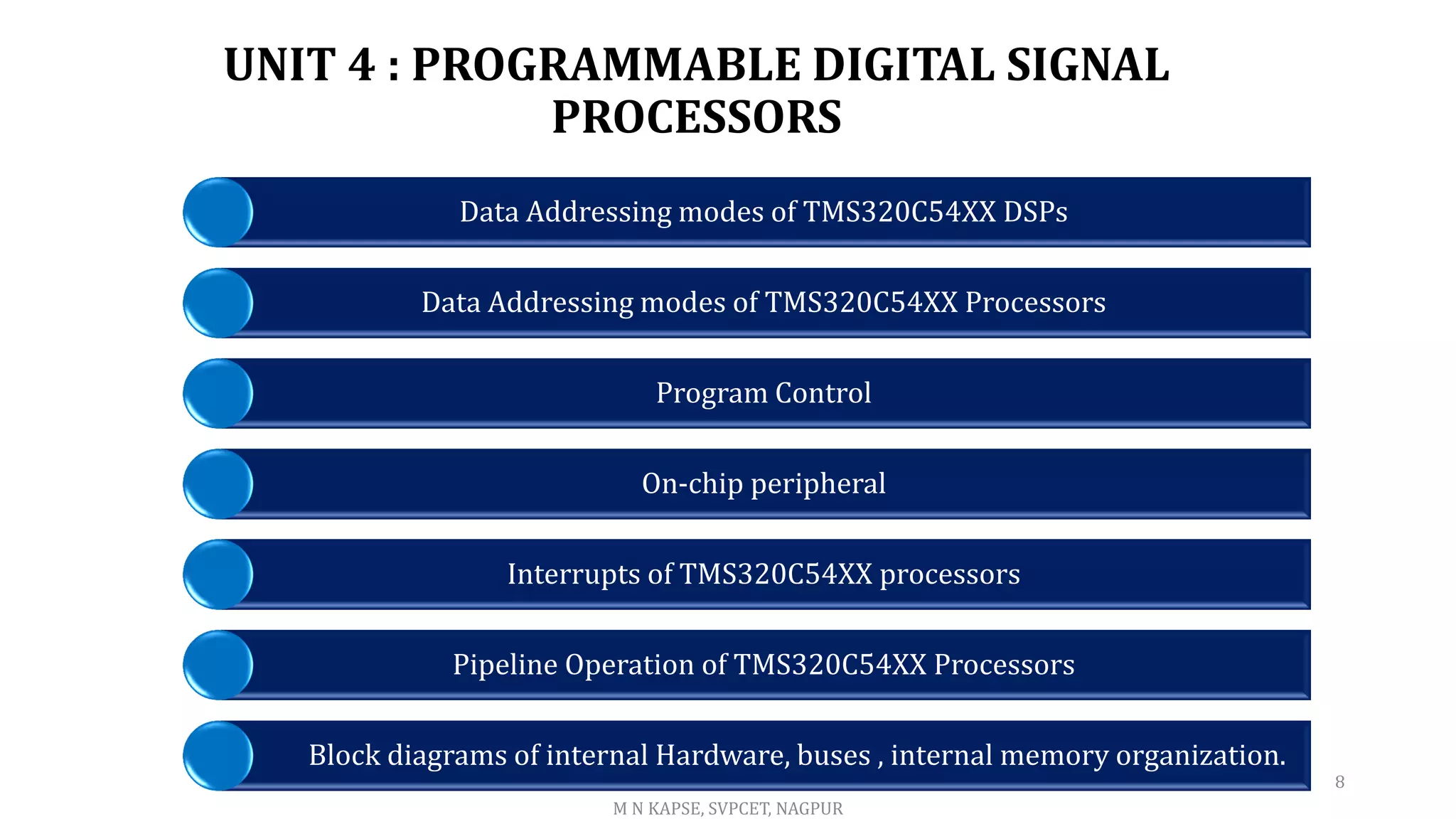 UNIT 4 : PROGRAMMABLE DIGITAL SIGNAL
PROCESSORS
Data Addressing modes of TMS320C54XX DSPs
Data Addressing modes of TMS320C54XX Processors
Program Control
On-chip peripheral
Interrupts of TMS320C54XX processors
Pipeline Operation of TMS320C54XX Processors
Block diagrams of internal Hardware, buses , internal memory organization.
M N KAPSE, SVPCET, NAGPUR
8
 