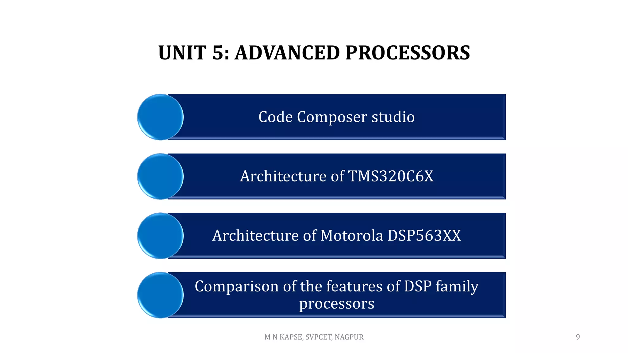 UNIT 5: ADVANCED PROCESSORS
Code Composer studio
Architecture of TMS320C6X
Architecture of Motorola DSP563XX
Comparison of the features of DSP family
processors
M N KAPSE, SVPCET, NAGPUR 9
 
