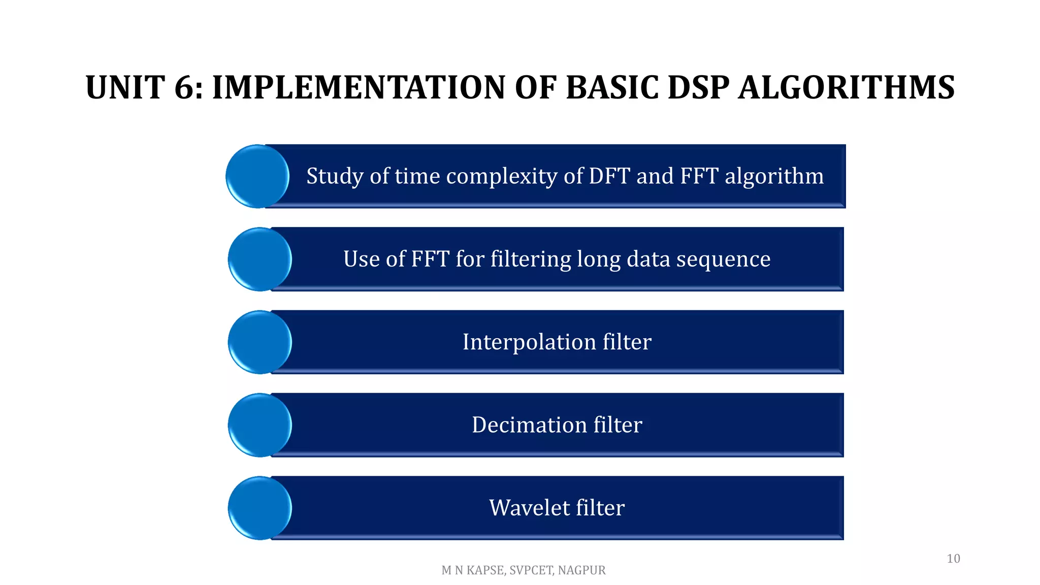 UNIT 6: IMPLEMENTATION OF BASIC DSP ALGORITHMS
Study of time complexity of DFT and FFT algorithm
Use of FFT for filtering long data sequence
Interpolation filter
Decimation filter
Wavelet filter
M N KAPSE, SVPCET, NAGPUR
10
 