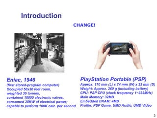 3
Introduction
Eniac, 1946
(first stored-program computer)
Occupied 50x30 feet room,
weighted 30 tonnes,
contained 18000 electronic valves,
consumed 25KW of electrical power;
capable to perform 100K calc. per second
CHANGE!
PlayStation Portable (PSP)
Approx. 170 mm (L) x 74 mm (W) x 23 mm (D)
Weight: Approx. 260 g (including battery)
CPU: PSP CPU (clock frequency 1~333MHz)
Main Memory: 32MB
Embedded DRAM: 4MB
Profile: PSP Game, UMD Audio, UMD Video
 