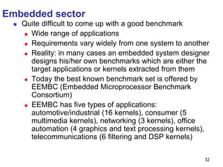32
Embedded sector
 Quite difficult to come up with a good benchmark
 Wide range of applications
 Requirements vary widely from one system to another
 Reality: in many cases an embedded system designer
designs his/her own benchmarks which are either the
target applications or kernels extracted from them
 Today the best known benchmark set is offered by
EEMBC (Embedded Microprocessor Benchmark
Consortium)
 EEMBC has five types of applications:
automotive/industrial (16 kernels), consumer (5
multimedia kernels), networking (3 kernels), office
automation (4 graphics and text processing kernels),
telecommunications (6 filtering and DSP kernels)
 