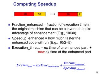 39
Computing Speedup
 Fraction_enhanced = fraction of execution time in
the original machine that can be converted to take
advantage of enhancement (E.g., 10/30)
 Speedup_enhanced = how much faster the
enhanced code will run (E.g., 10/2=5)
 Execution_timenew = ex time of unenhanced part +
new ex time of the enhanced part
enhanced
enhanced
unenhancednew
Speedup
ExTime
ExTimeExTime 
20 10 20 2
 