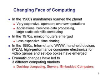6
Changing Face of Computing
 In the 1960s mainframes roamed the planet
 Very expensive, operators oversaw operations
 Applications: business data processing,
large scale scientific computing
 In the 1970s, minicomputers emerged
 Less expensive, time sharing
 In the 1990s, Internet and WWW, handheld devices
(PDA), high-performance consumer electronics for
video games and set-top boxes have emerged
 Dramatic changes have led to
3 different computing markets
 Desktop computing, Servers, Embedded Computers
 