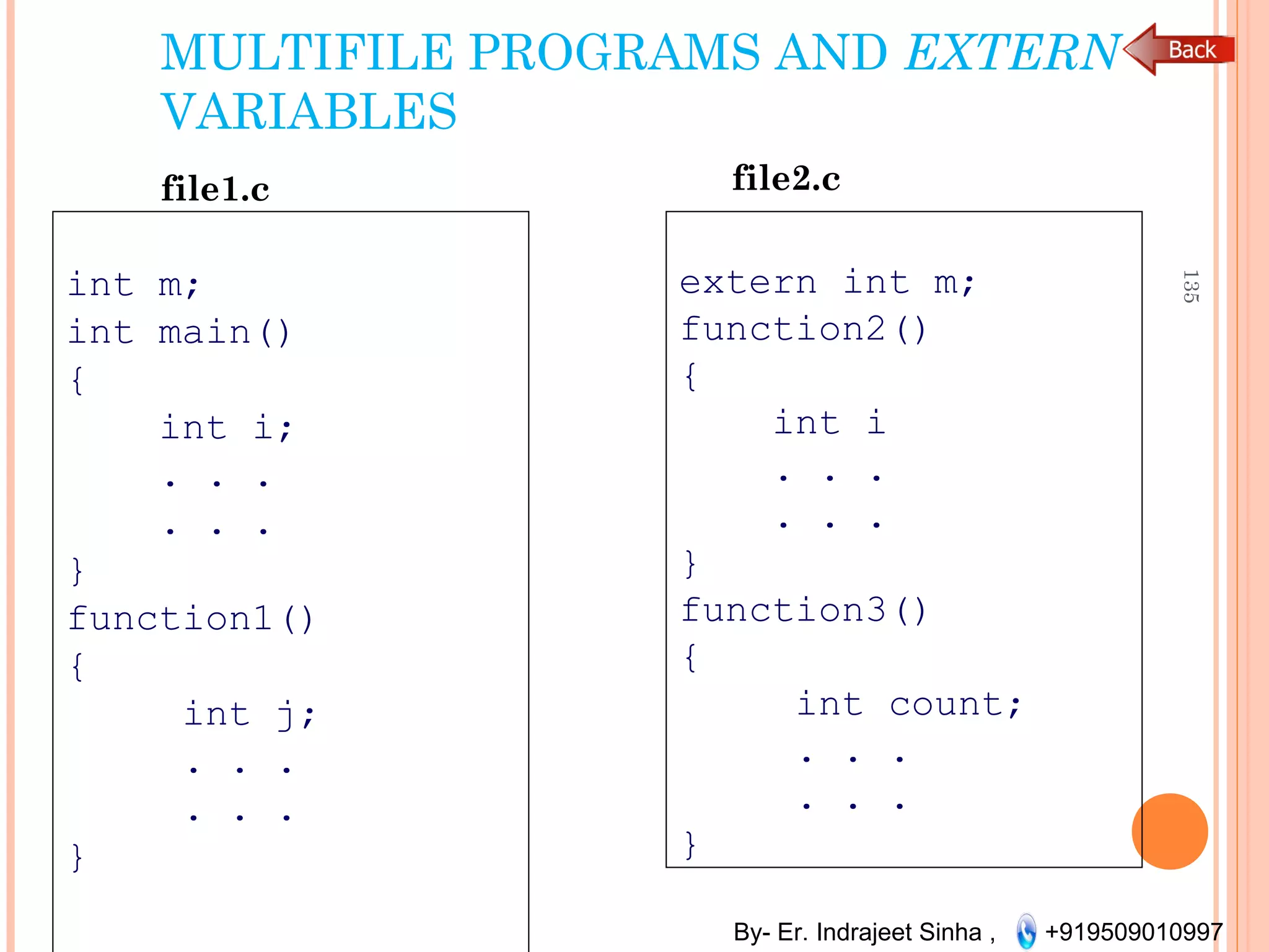 By- Er. Indrajeet Sinha , +919509010997
MULTIFILE PROGRAMS AND EXTERN
VARIABLES
int m;
int main()
{
int i;
. . .
. . .
}
function1()
{
int j;
. . .
. . .
}
135
file1.c
extern int m;
function2()
{
int i
. . .
. . .
}
function3()
{
int count;
. . .
. . .
}
file2.c
 