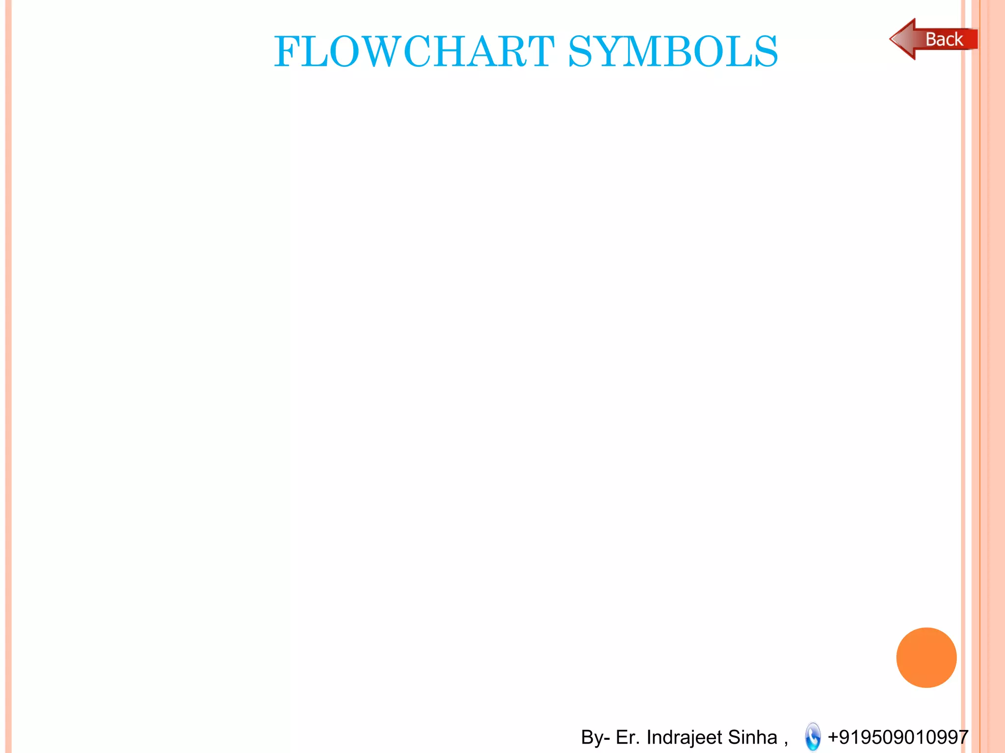 By- Er. Indrajeet Sinha , +919509010997
FLOWCHART SYMBOLS
 