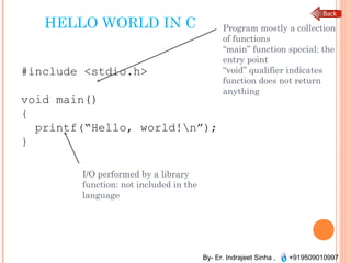 By- Er. Indrajeet Sinha , +919509010997
HELLO WORLD IN C
#include <stdio.h>
void main()
{
printf(“Hello, world!n”);
}
Program mostly a collection
of functions
“main” function special: the
entry point
“void” qualifier indicates
function does not return
anything
I/O performed by a library
function: not included in the
language
 