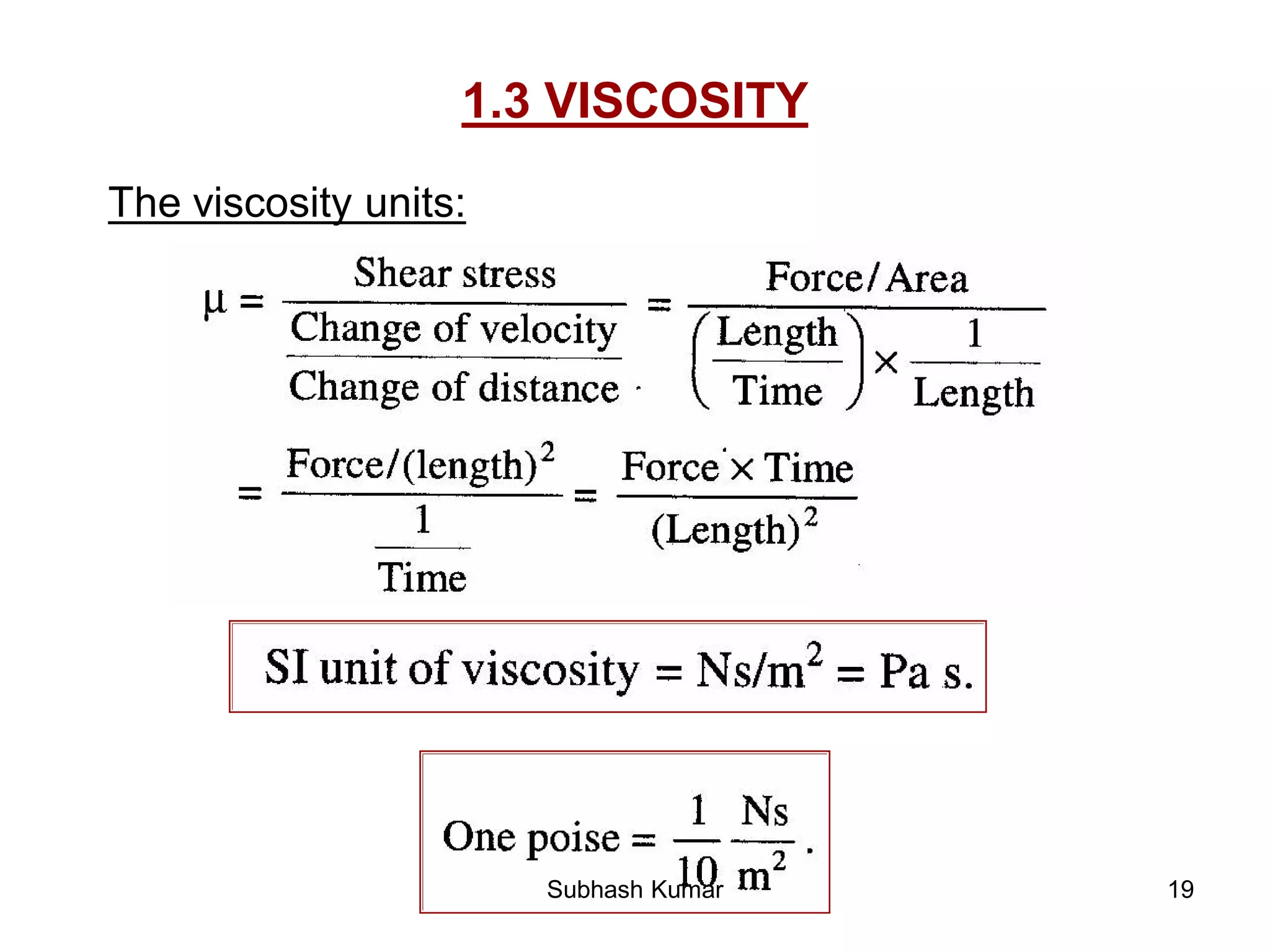 19
1.3 VISCOSITY
The viscosity units:
Subhash Kumar
 