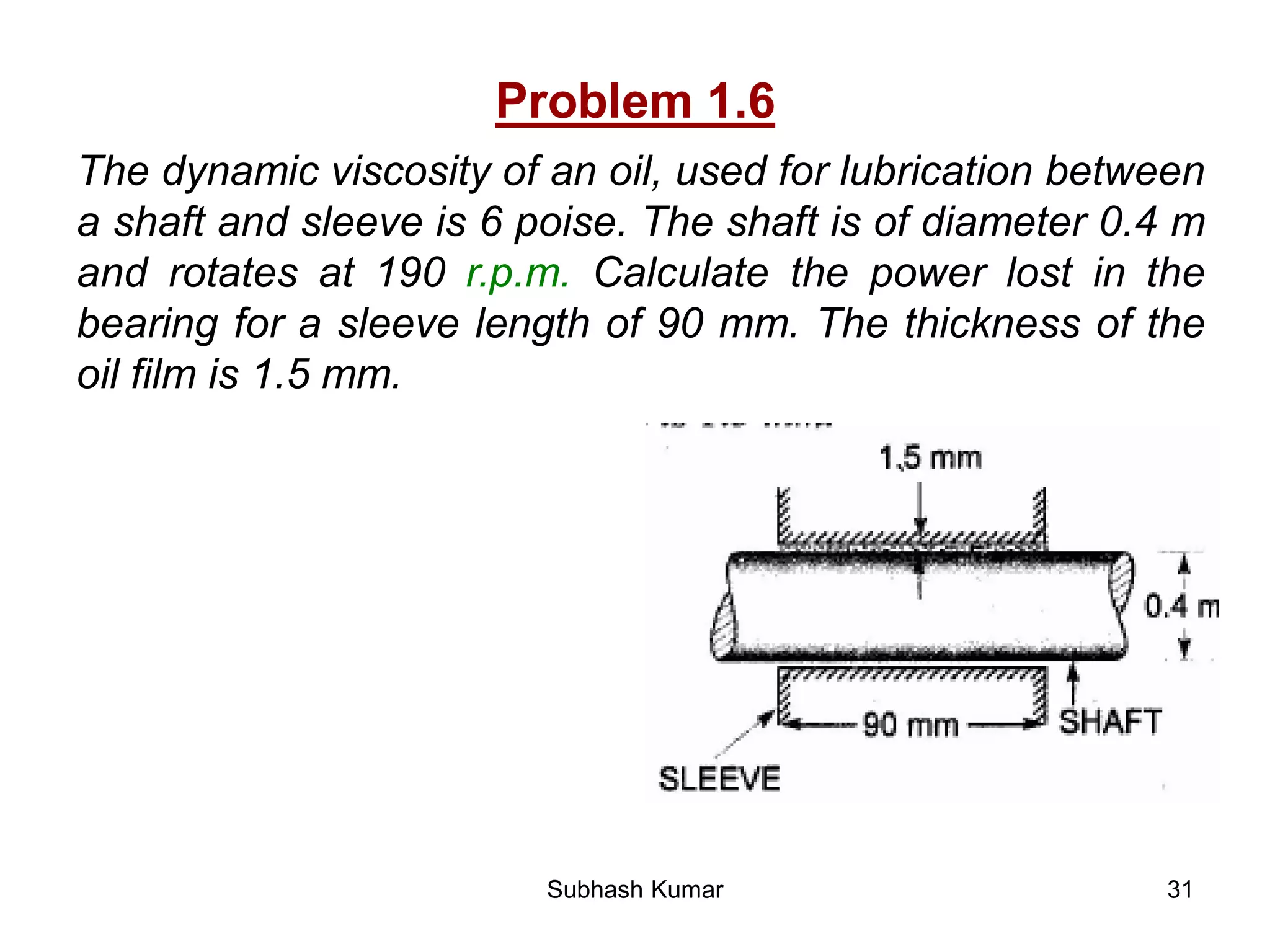 31
Problem 1.6
The dynamic viscosity of an oil, used for lubrication between
a shaft and sleeve is 6 poise. The shaft is of diameter 0.4 m
and rotates at 190 r.p.m. Calculate the power lost in the
bearing for a sleeve length of 90 mm. The thickness of the
oil film is 1.5 mm.
Subhash Kumar
 