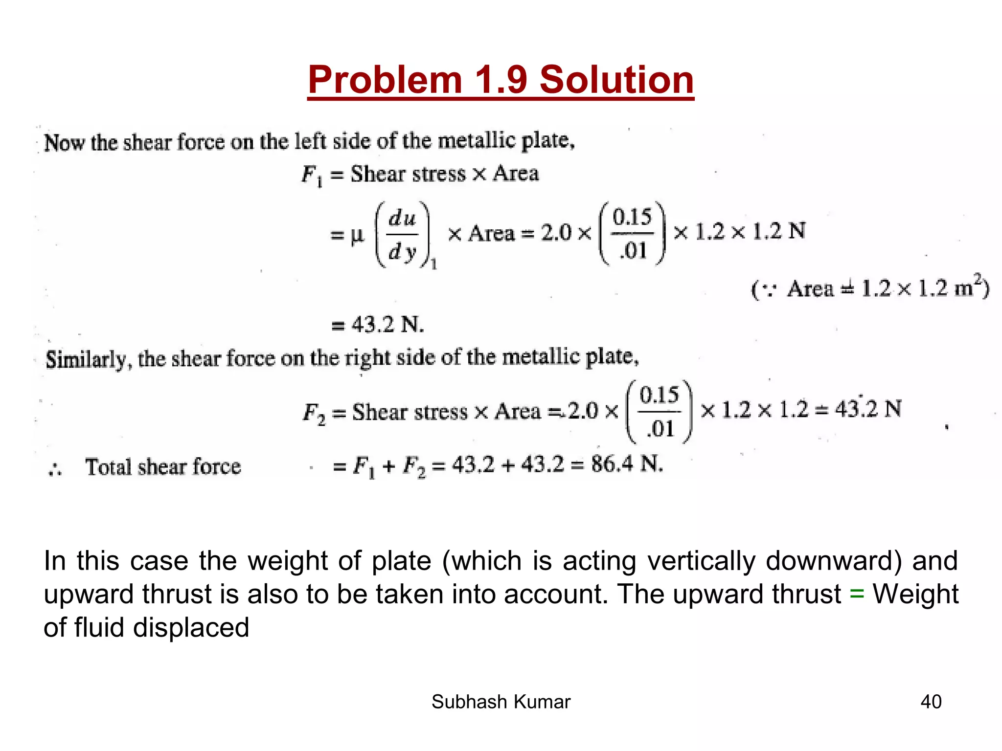 40
Problem 1.9 Solution
In this case the weight of plate (which is acting vertically downward) and
upward thrust is also to be taken into account. The upward thrust = Weight
of fluid displaced
Subhash Kumar
 