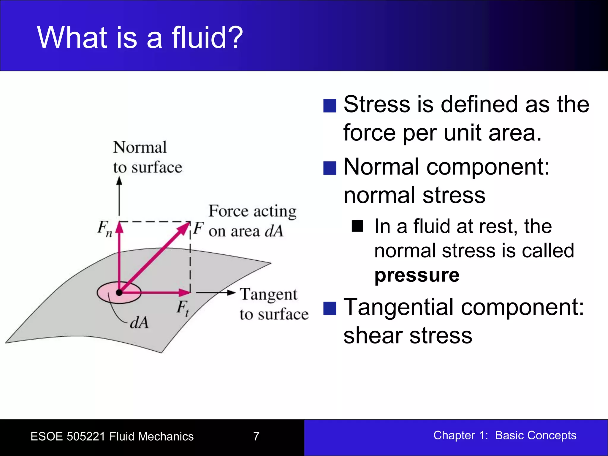 Chapter 1: Basic ConceptsESOE 505221 Fluid Mechanics 7
What is a fluid?
Stress is defined as the
force per unit area.
Normal component:
normal stress
In a fluid at rest, the
normal stress is called
pressure
Tangential component:
shear stress
 