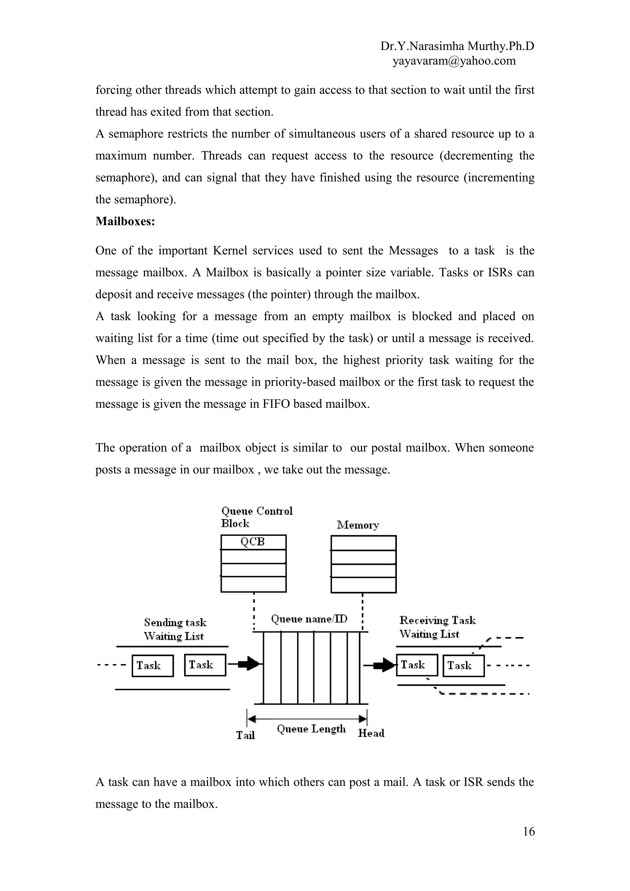 Dr.Y.Narasimha Murthy.Ph.D
yayavaram@yahoo.com
forcing other threads which attempt to gain access to that section to wait until the first
thread has exited from that section.
A semaphore restricts the number of simultaneous users of a shared resource up to a
maximum number. Threads can request access to the resource (decrementing the
semaphore), and can signal that they have finished using the resource (incrementing
the semaphore).
Mailboxes:
One of the important Kernel services used to sent the Messages to a task is the
message mailbox. A Mailbox is basically a pointer size variable. Tasks or ISRs can
deposit and receive messages (the pointer) through the mailbox.
A task looking for a message from an empty mailbox is blocked and placed on
waiting list for a time (time out specified by the task) or until a message is received.
When a message is sent to the mail box, the highest priority task waiting for the
message is given the message in priority-based mailbox or the first task to request the
message is given the message in FIFO based mailbox.
The operation of a mailbox object is similar to our postal mailbox. When someone
posts a message in our mailbox , we take out the message.
A task can have a mailbox into which others can post a mail. A task or ISR sends the
message to the mailbox.
16
 